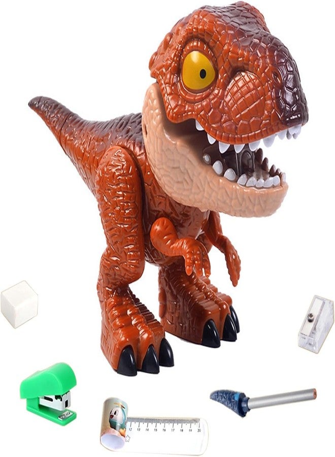 KolorFish 5 in 1 Stationery Set,Dinosaur-Themed Stationery Funny Toy for Kids,Student Storage Eraser Ruler Pencil Sharpener Staple for Boys and Girls (Orange) - Image 1